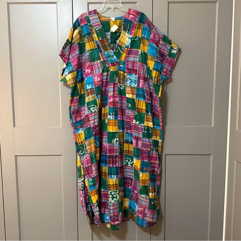 Vtg American Beauty Patchwork Kaftan Mumu V-neck Bohemian Multicolor One Size